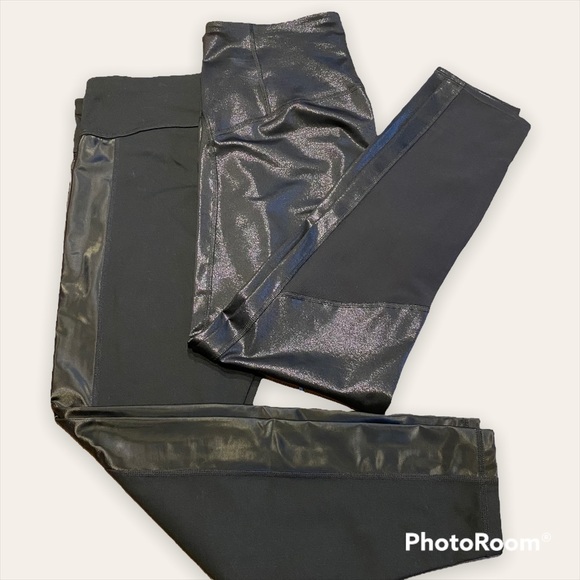 GAP Pants - 2 LEGGINGS: Gap Fit & JoyLab Large Black Shine Leather look, high rise, mesh